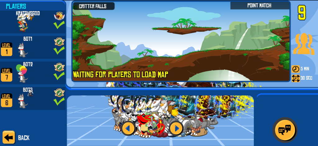 Wild Ones Battle Stadium - Pantalla del lobby del juego Wild Ones Battle Stadium mostrando jugadores, una vista previa del mapa para Critter Falls y selección de personajes.