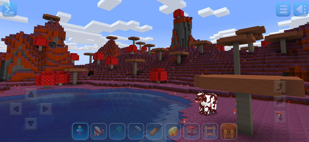 RealmCraft: mine & craft world - Screenshot di gioco di RealmCraft che mostra un bioma di funghi con una mucca vicino a un lago