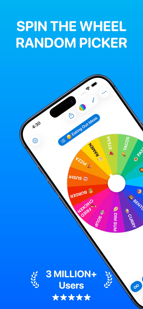 Wheel Spinner - Pick Me - Interface of the Wheel Spinner Pick Me app showing a colorful decision wheel with food options like pizza and sushi for making group choices.