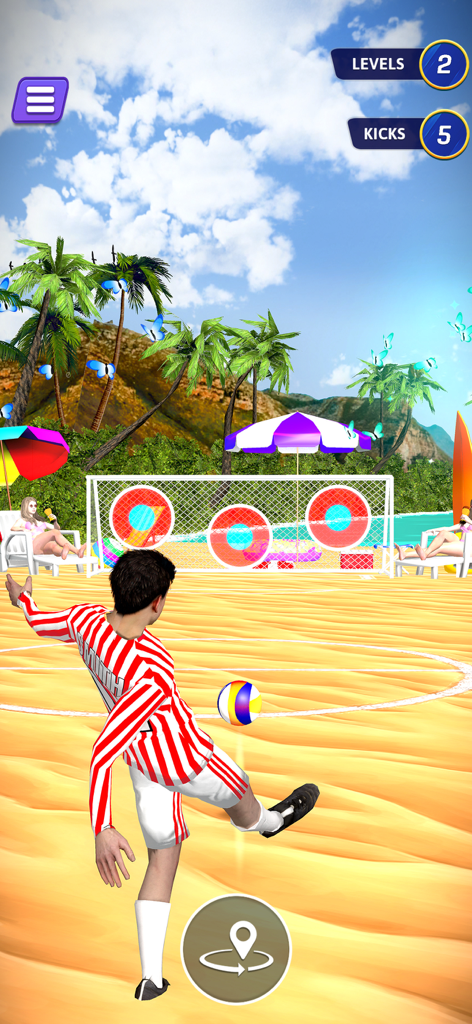 World Soccer Rematch League - 축구 선수가 열대 해변의 골대 안의 목표물을 향해 공을 차고 있습니다