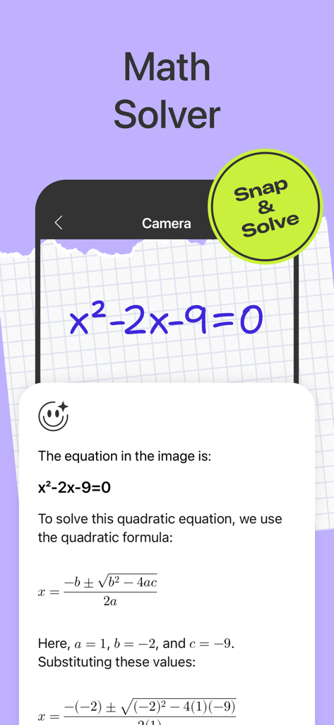 Yuna AI - Chatbot & Assistant - Yuna AI app interface showing the Math Solver feature providing a step by step solution to a quadratic equation