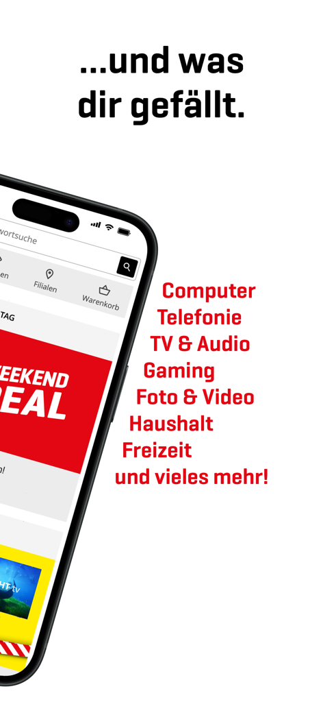Screenshot dell'app Interdiscount che mostra categorie di elettronica, tra cui gaming e computer.