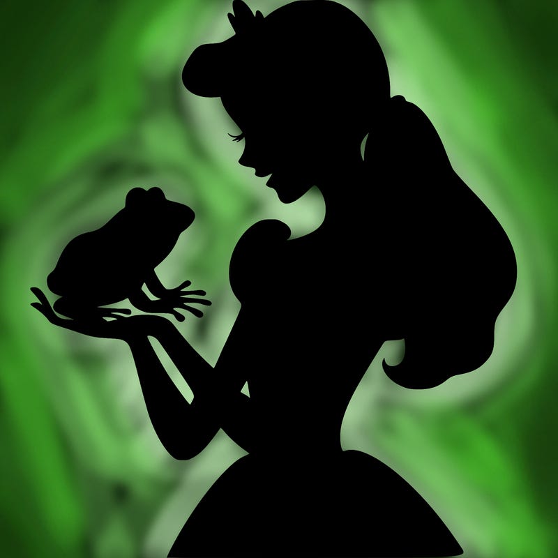 a shadow of a princess holding a frog realistic