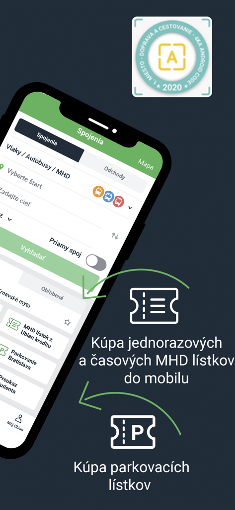 Interface de l'application mobile Ubian montrant les fonctionnalités d'achat de billets pour les transports publics et de stationnement.