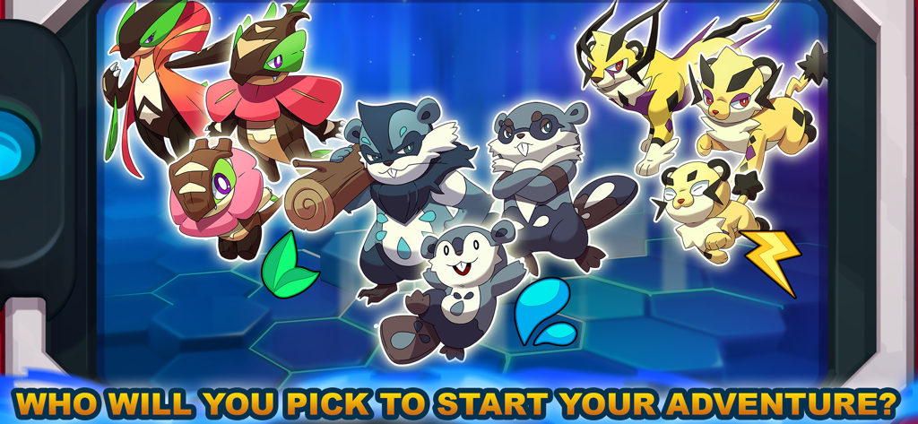 모험을 위한 스타터 넥소몬 생명체 선택 화면