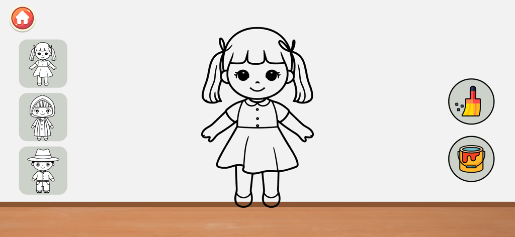 Doll Avatar Game - Mini Games - A black and white line drawing of a cute doll girl character for coloring with digital paint brush and bucket tools.