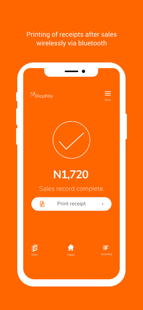 Shopkite Merchant mobile POS screen showing a completed sale with an option to print the receipt wirelessly via Bluetooth