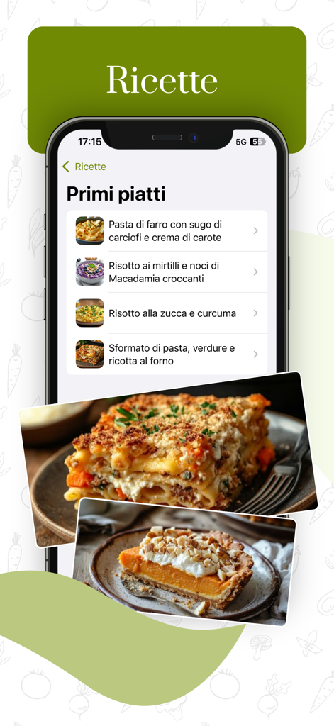 Pantalla de aplicación móvil que muestra una lista de recetas bajas en histamina, incluyendo pasta y risotto con fotografía de alimentos vibrante
