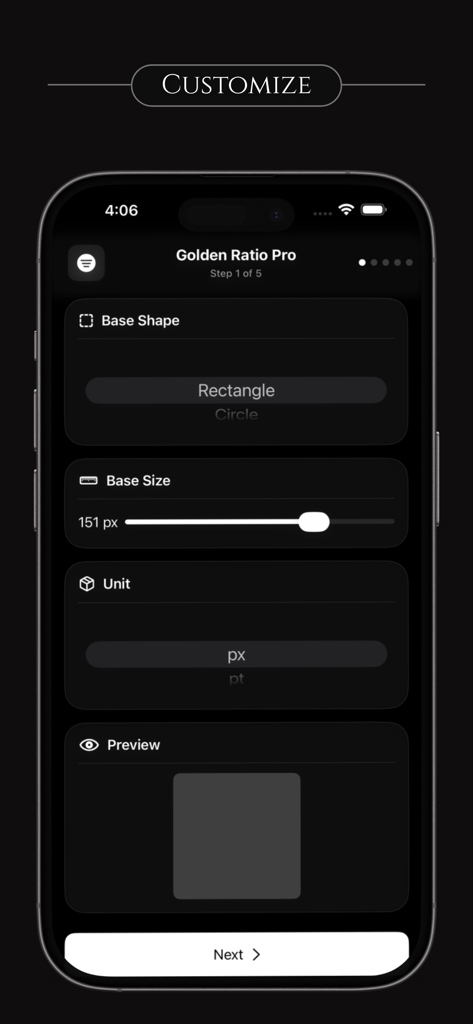 Glassify Pro Widgets and Theme - Tela de personalização do aplicativo Glassify Pro para Proporção Áurea mostrando configurações de forma e tamanho base em uma interface escura.