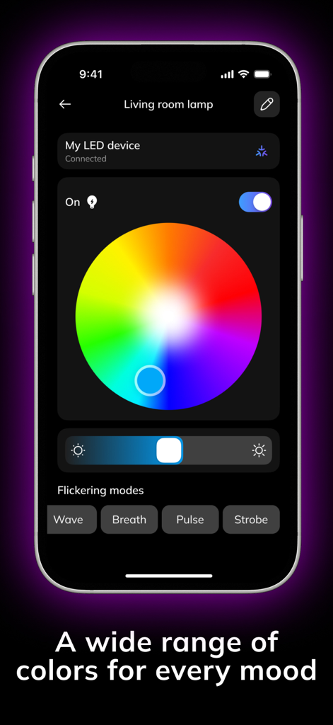 LED Light: Controller Remote - Interface of the LED Light Remote app showing a vibrant color wheel and lighting mode options like wave and pulse