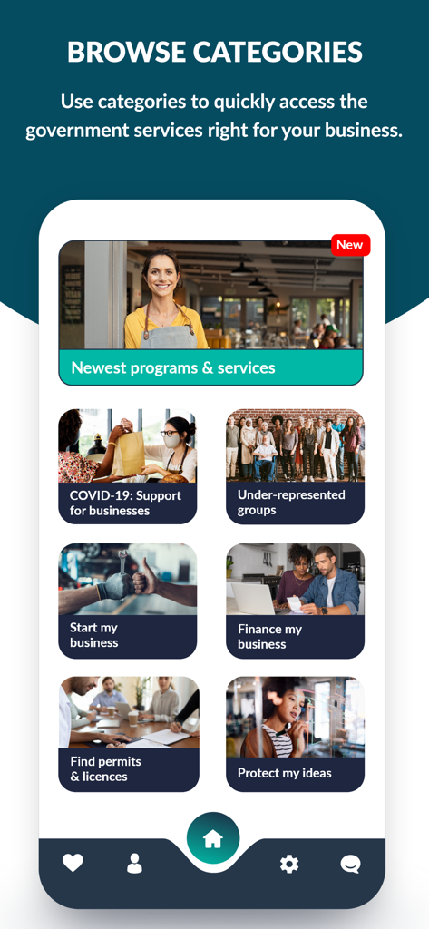 Uma tela de aplicativo móvel intitulada 'Navegar Categorias' mostrando várias opções de serviços para empresas, como financiamento, início de um negócio e busca por licenças.