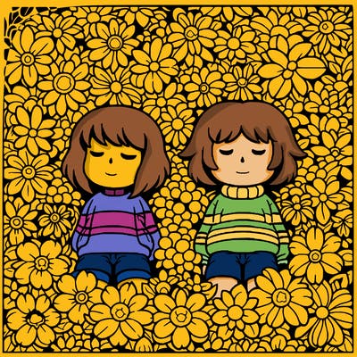 undertale, frisk and chara in a bed of flowers