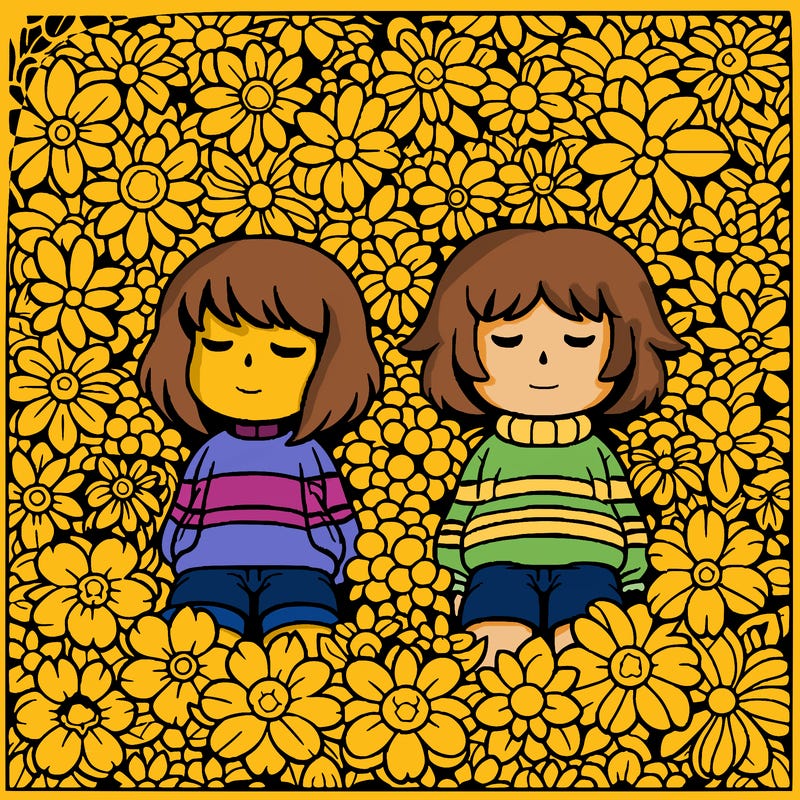 undertale, frisk and chara in a bed of flowers