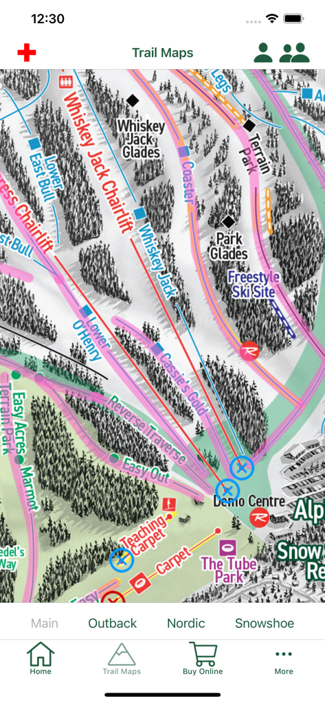 Detaillierte digitale Streckenkarte mit Skiern und Liften im Mt. Washington Alpine Resort.