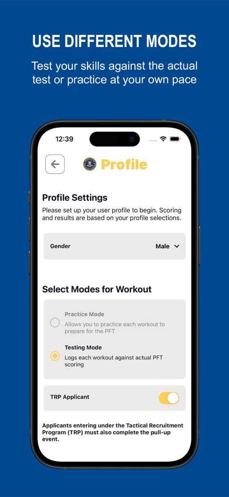 Pantalla de perfil de la aplicación FBI FitTest para la selección de género y la elección entre los modos de entrenamiento de práctica y prueba.
