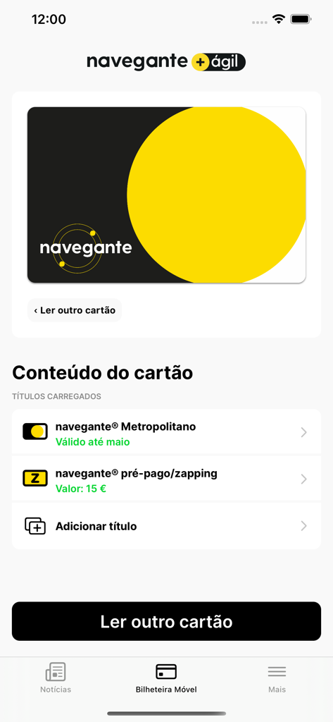 navegante® - Interfaz de la app móvil navegante mostrando el saldo y el estado de validez de la tarjeta de transporte de Lisboa