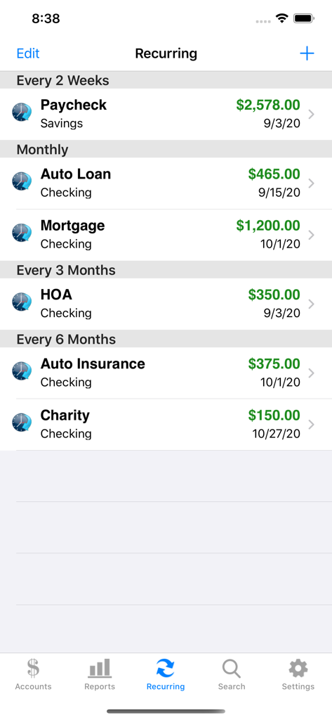 A list of recurring transactions in the Accounts 2 Checkbook app showing scheduled expenses like mortgage and auto loans.