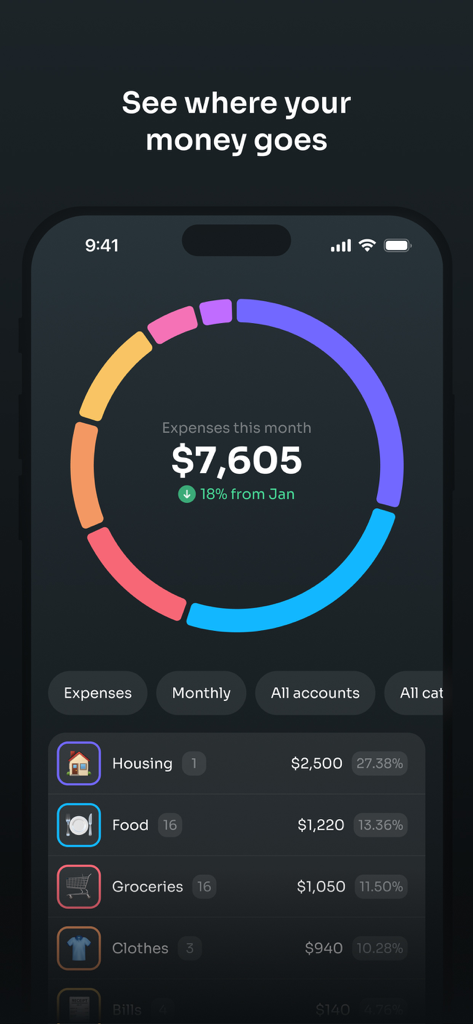 Quanto: Expense Tracker - A colorful circular chart in the Quanto app showing monthly expenses with a detailed list of spending categories like housing and food on a dark interface.