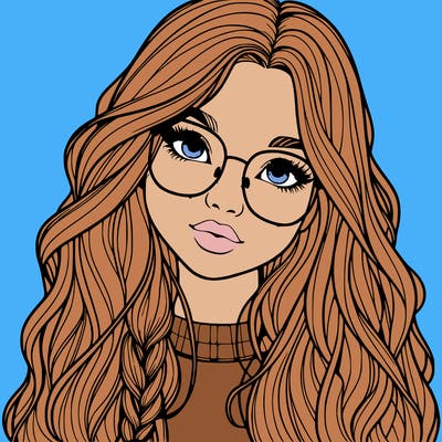 girl with long hair and freckles and glasses realistic