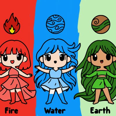 make an elemental group of 4 girls one is fire the second is water, the third is wind, and the 4th is earth