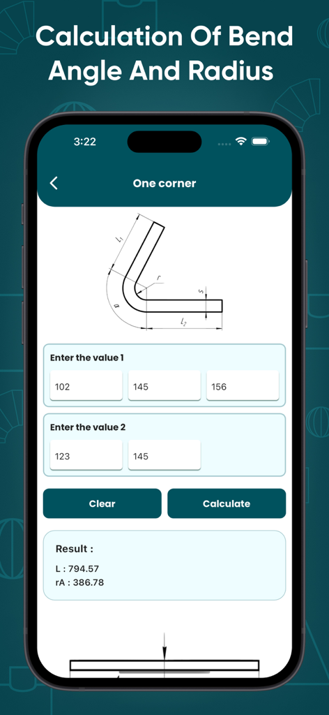Bending Sheet Metal Calculator - Interface of the sheet metal calculator app showing inputs and results for a single corner bend calculation