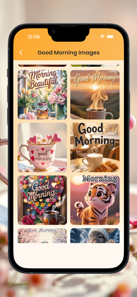 Good Morning greetings - A gallery of Good Morning greeting cards featuring flowers coffee and cute animals on a mobile screen