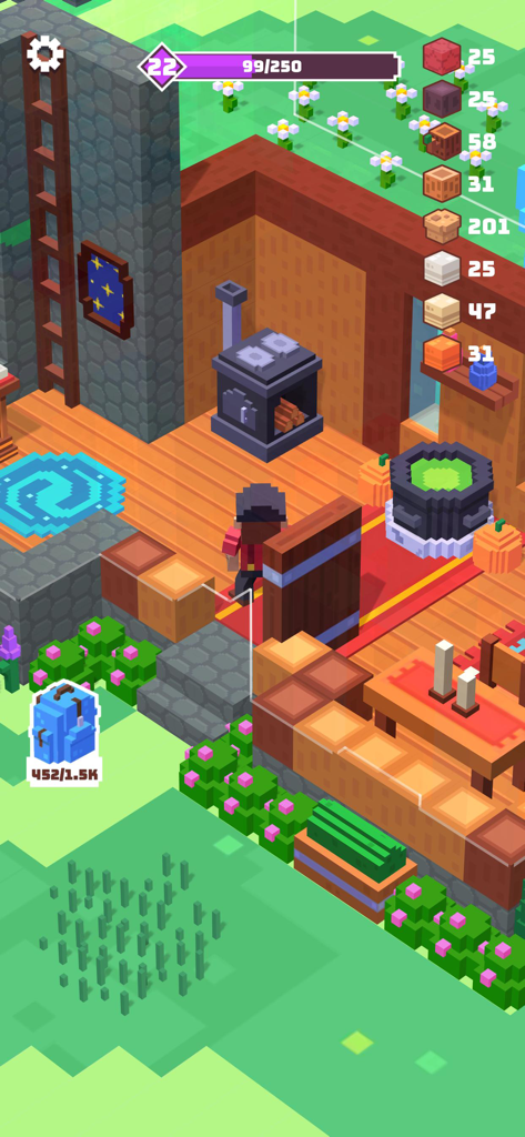 Craft Valley - Building Game - Top down view of a character in a block built house with crafting tools and resource counters