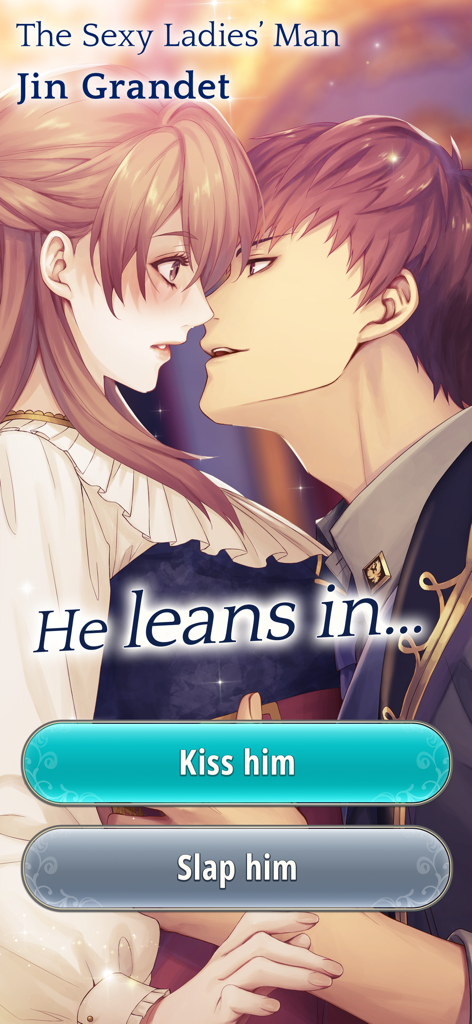 Eine interaktive Romanze-Szene in Ikemen Prince mit dem Charakter Jin Grandet, der sich vorbeugt, mit Optionen, ihn zu küssen oder zu schlagen