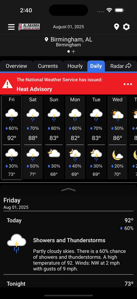 Alabama Weather Network app showing a daily forecast and heat advisory for Birmingham Alabama