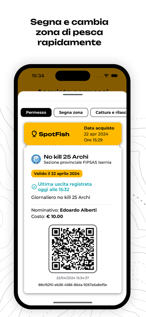 SpotFish - Fishing Spots - SpotFish mobile app interface displaying a digital fishing permit with a QR code for quick verification
