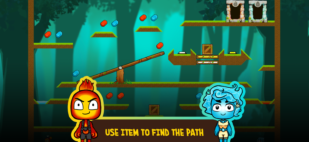 Fire boy and Water girl characters in a forest themed puzzle platformer level