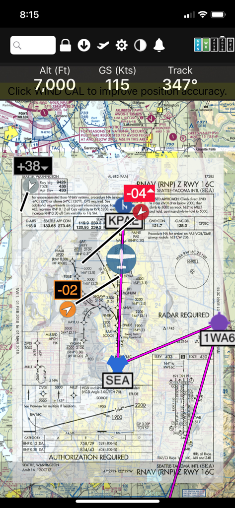 FlyQ+ EFB app interface showing an RNAV approach plate overlaid on a digital sectional map with flight telemetry