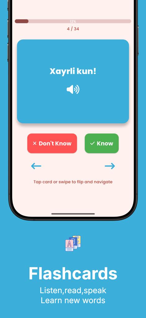 Learn Uzbek: For Beginners - Mobile app screen showing an Uzbek language flashcard for greeting with audio and progress tracking buttons