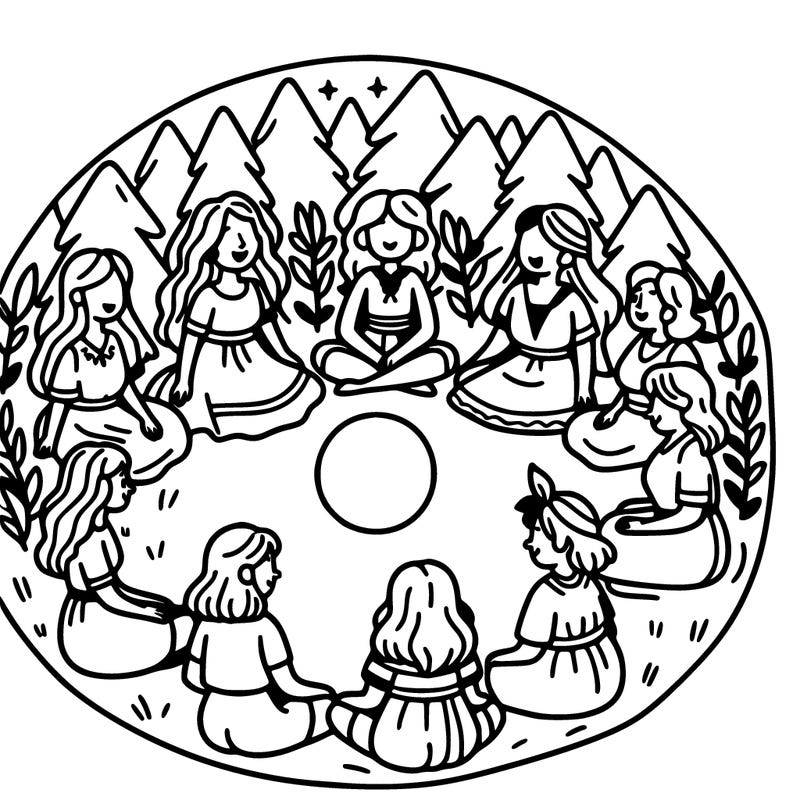 a mix of 8 women, girls and old lady  gathered in a circle in the woods at night with a moon in the middle all sitting down