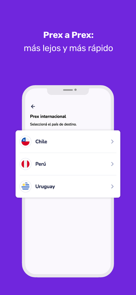 Interface of the Prex Argentina app showing international money transfer options to Chile, Peru, and Uruguay.