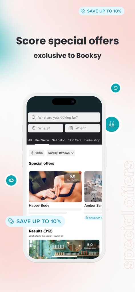 Booksy app interface showing special offers and discounts for hair and nail salons