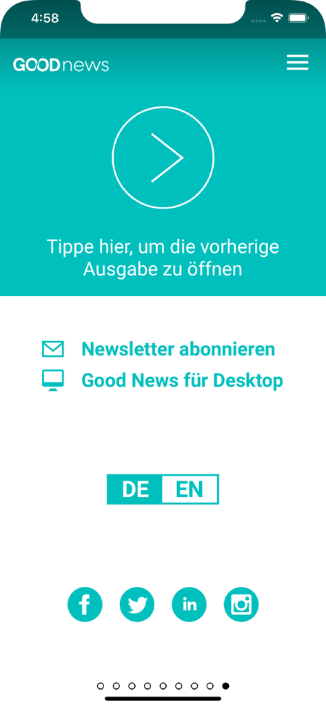 Good News App - Interface of the Good News App showing options for newsletter subscription language selection and social media links