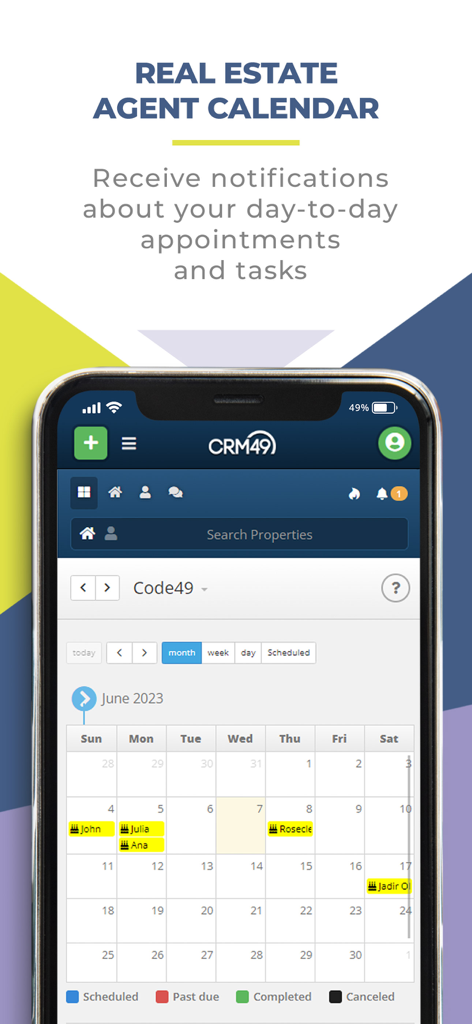 CRM 49 - Mobile interface of CRM 49 showing the real estate agent calendar with scheduled tasks and appointments