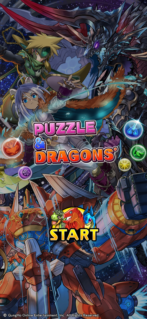 Pantalla de inicio de Puzzle and Dragons con personajes de anime, un dragón oscuro y orbes coloridos