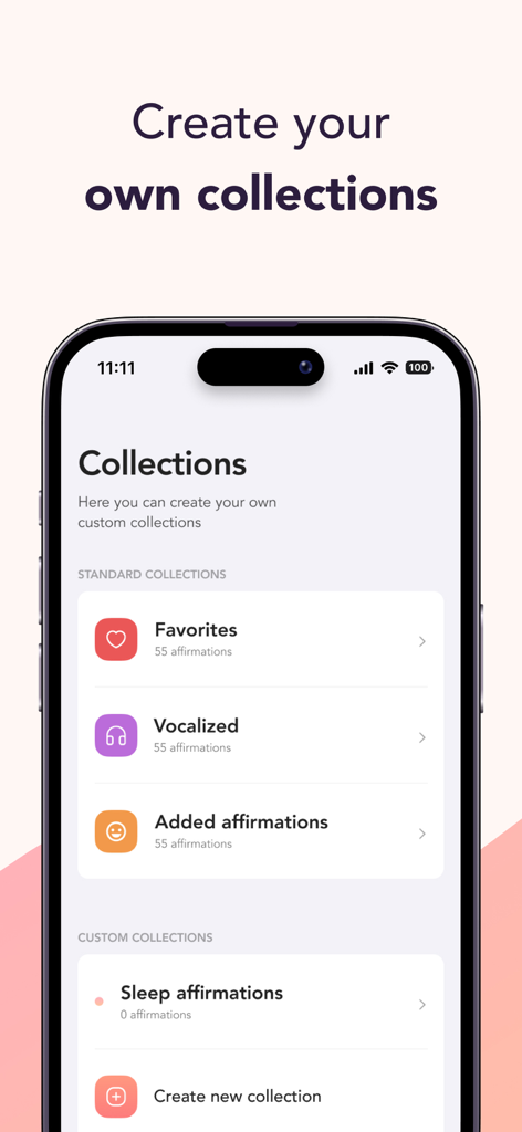 Mantra - Daily Affirmations - A smartphone screen showing the Mantra app's collections interface for organizing affirmations into custom categories.