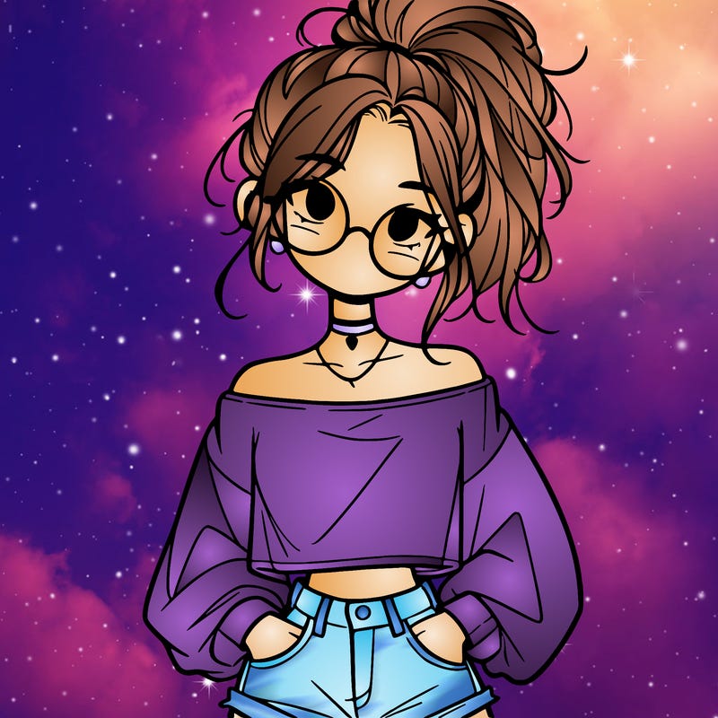 girl with a messy ponytail glasses a baggy crop top and jean shorts