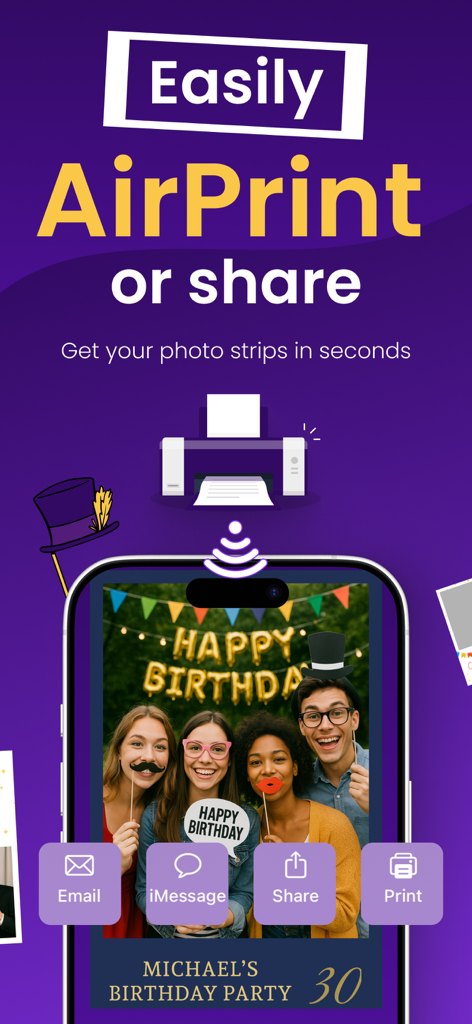 Booth Studio - Interface do aplicativo Booth Studio mostrando opções para imprimir via AirPrint ou compartilhar tiras de cabine de fotos de uma festa de aniversário