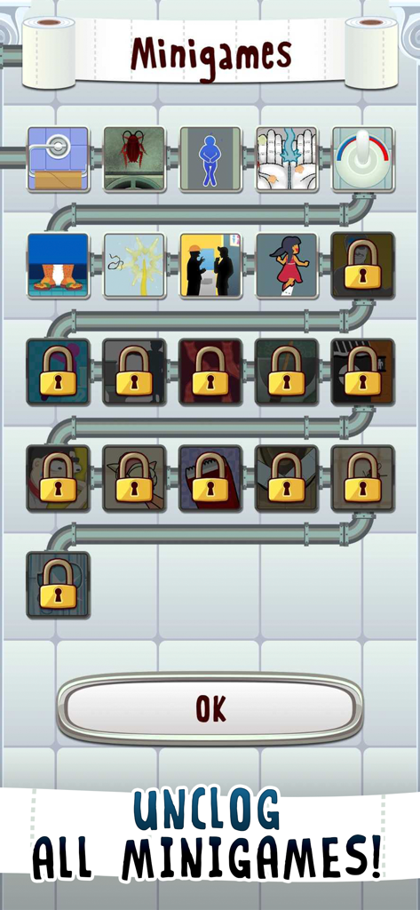 일부 레벨이 잠긴 파이프로 연결된 욕실 테마 미니게임 선택 화면