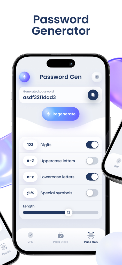ShieldHive - ShieldHive mobile app interface showing the password generator with customizable security settings like character types and length