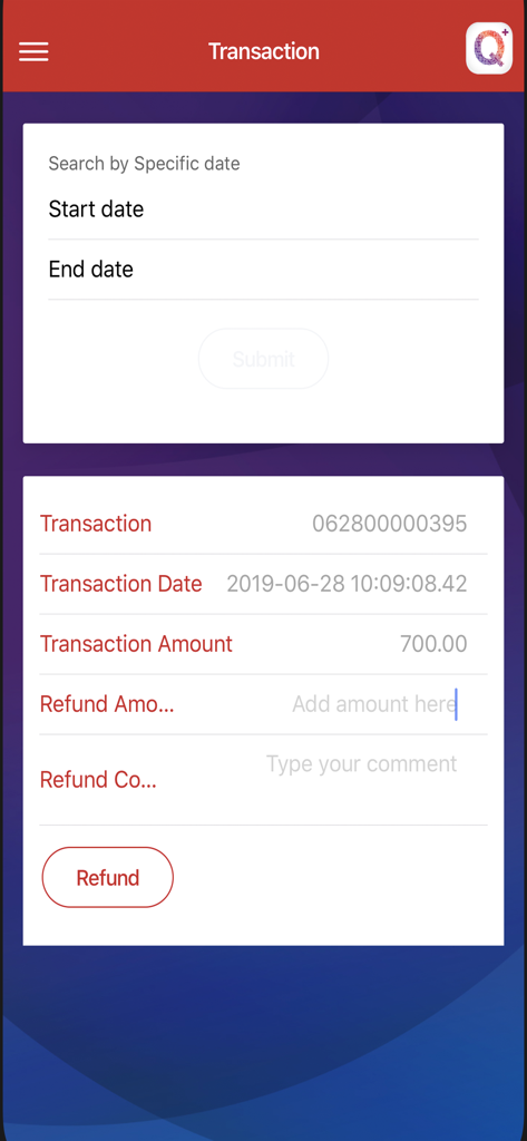 ComBank QPlus Merchant - Pantalla de detalles de la transacción con filtros de búsqueda y opciones de reembolso en la aplicación ComBank QPlus Merchant