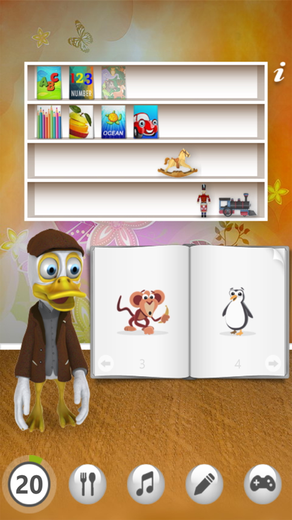 Talking Duck - Talking Duck character next to an interactive bookshelf and open animal picture book