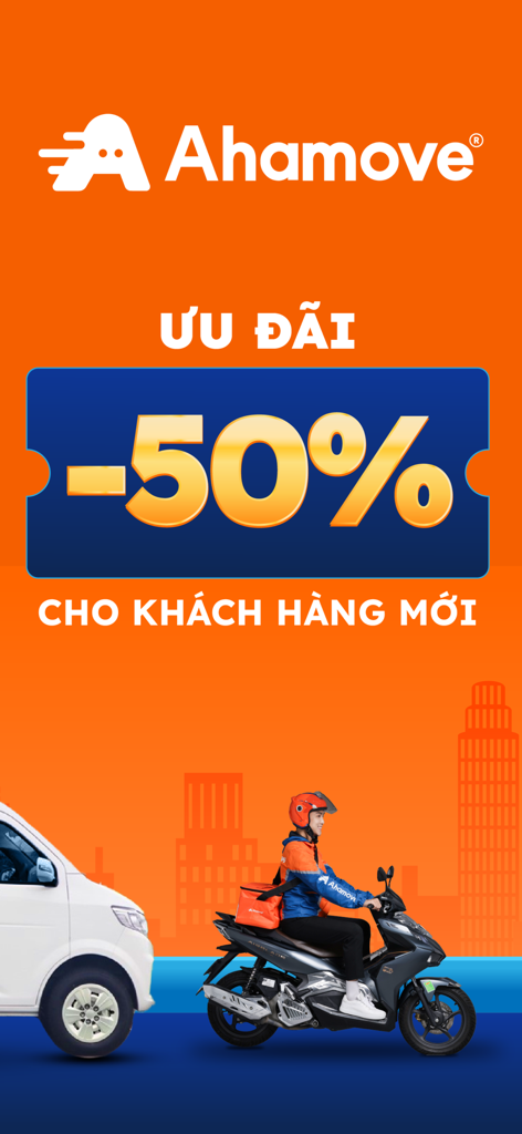 Ahamove Aktionsbildschirm, der einen fünfzigprozentigen Rabatt für Neukunden mit einem Lieferwagen und einem Motorradkurier zeigt.