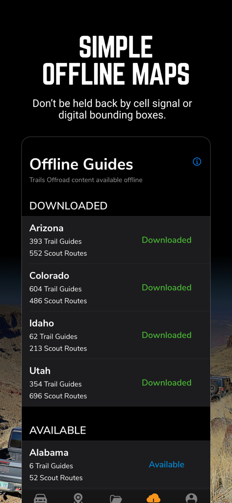 Trails Offroad app screenshot showing the offline maps management screen with downloaded trail guides for several states