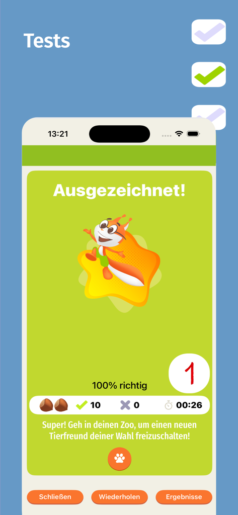 Ortografía Española - Una pantalla de resultados de prueba de la aplicación Ortografía Española que muestra una puntuación perfecta y una alegre ardilla mascota.