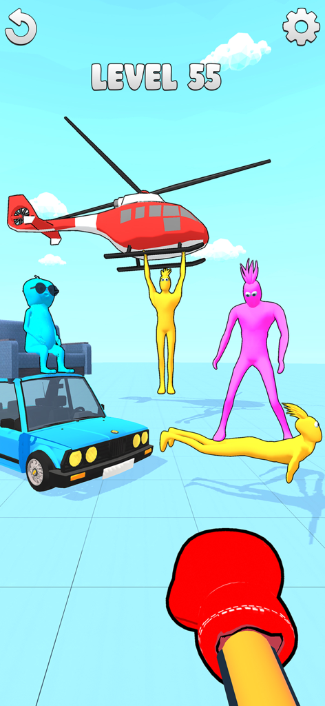 Punch Fun Punching Game - Vista en primera persona de un guante de boxeo rojo apuntando a coloridos personajes de muñeco de trapo y un helicóptero en un juego basado en la física